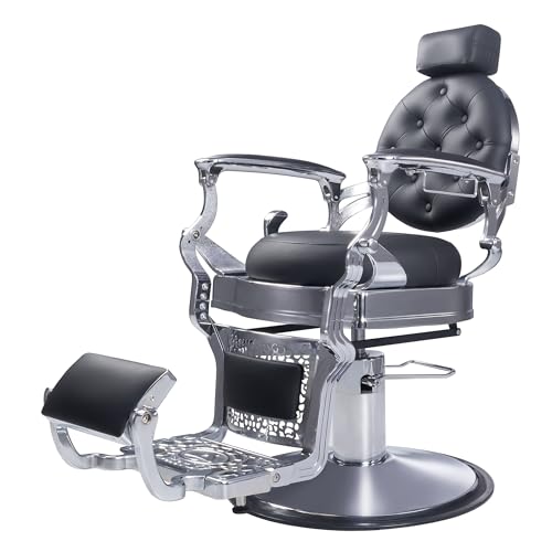 Image of Vintage Aluminum Barber Chair for Hair Stylist, Heavy Duty Barber Chair for Barbershop,Hydraulic Reclining Hair Salon Chair, 360 Degree Swivel for Tattoo Massage (Silver)