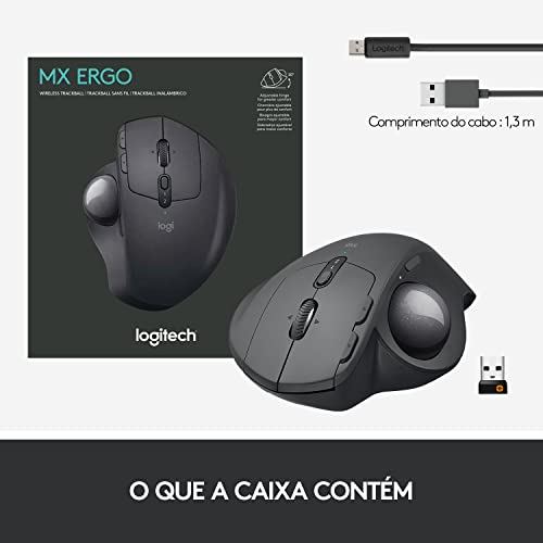 Mouse sem fio Logitech Trackball MX Ergo com Ajuste de Ângulo, Conexão USB Unifying ou Bluetooth com Easy-Switch para até 3 dispositivos e Bateria Recarregável glide