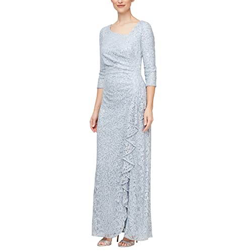 Image of Alex Evenings Women's Long 3 /4 Sleeve, Mother of The Bride Dress W /Cascade Ruffle and Front Slit, (Petite and Regular Sizes)