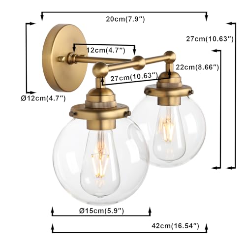 Image of Yosoan Vintage Indoor Vanity Wall Sconce, 2 Light Hardwired Modern Fixture with 5.9 inch Round Glass Globe Hand Blown Shade Lighting for Bathroom Kitchen Dining Room Living Room Bedroom(Antique)