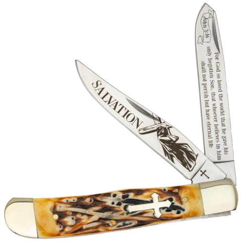 Salvation Trapper Pocket Knife - Burnt Bone | Dual 3 1/4 Inch Stainless Steel Blades | Jesus Carrying Cross Etching | John 3:16 Spey Blade | Cross Inlay | 7 1/4 Inch Overall
