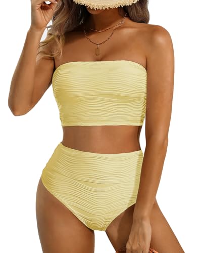 Image of High Waisted Bandeau Bikini Set - Women Strapless Two Piece Swimsuits Ribbed Longline Full Coverage Bathing Suits Swimwear