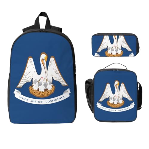 Louisiana State Flag print Shoulder Bookbags Lunch Bag and Pen Case 17 inches Backpack with Lunch Box, Cute Bookbag Set2