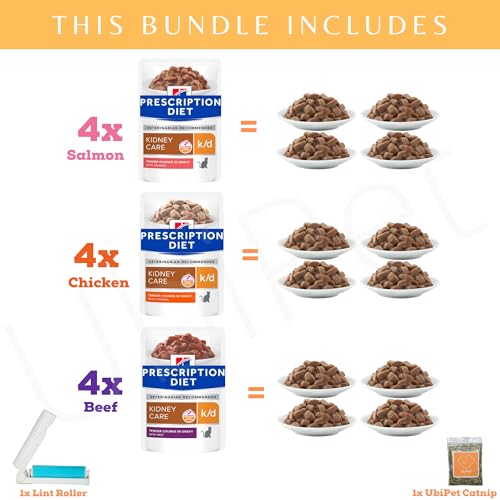 Kidney Care Cat Food Bundle In Gravy With Prescription Diet K/D Beef, Salmon And Chicken 85 Grams X12 Plus Ubipet Catnip And Lint Roller - 2