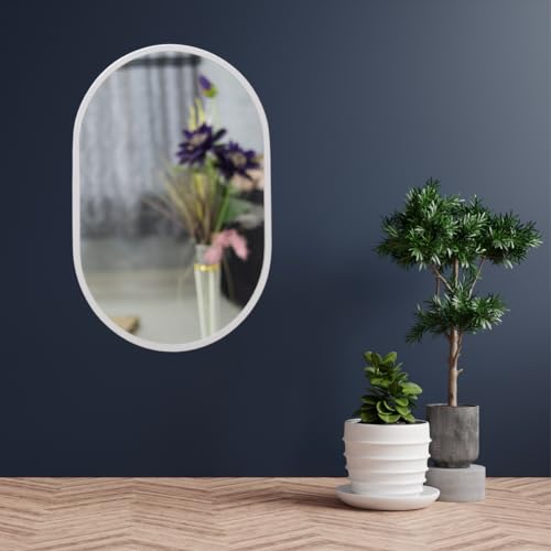 Image of Quality Glass Metal Frame Shape Capsule Wall Mirror Royal Mirror Home Decorative Mirror Modern Mirror Living Room Mirror Wall Mirror Bathroom Mirror Size 16x24 inches Color White MF 63