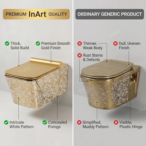 Image of InArt Ceramic Commode Wall Mount /Wall Hung Western Toilet /Water Closet /EWC /WC /European Commode for Bathrooms P Trap Outlet is from Wall with Soft Close Seat Cover Square (Gold Leaf Pattern)