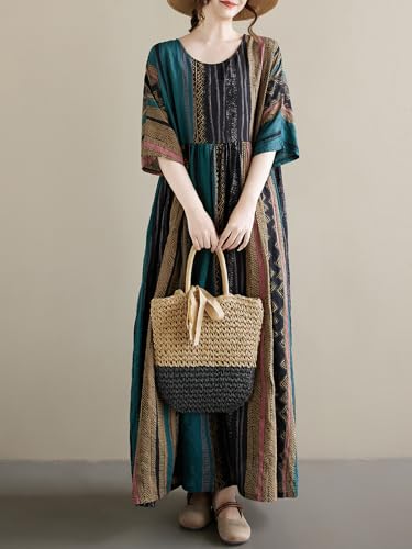 Image of Women Summer Casual Loose Dress Plus Size Boho Dresses Vintage Striped Print Round Neck Short Sleeve with Side Pocket