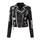 hebinon Damen Motorrad Faux PU Lederjacke Graffiti Nieten Punk Biker Moto Reißverschluss Bunter Druck Kurzer Revers Mantel Mit Gürtel Outfit Coole Streetwear Plus Größe,Schwarz,L