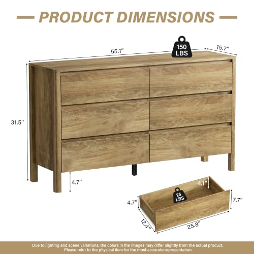 Image of Furniway 3 Piece Bedroom Set, 6 Drawer Dresser and Nightstands, Natural Oak