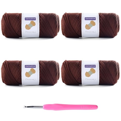 Image of 4 Pack Tshirt Yarn for Crocheting, Elastic T Shirt Spaghetti Thick Knitting Yarn Total Length 260 Yds for Crochet Bag Baskets Home Decor with 1 Crochet Hook (4-Deep Coffee)