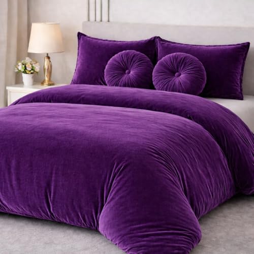 Image of Sands Luxurious 6Pc Bedding Set for Winter, 1 Double Duvet Cover,1 Double Bed bedsheet, 2 Pillow Covers, 2 Round Cushions, Ultra Soft Woollen Bedsheet Set- 90X100 inches (Purple)