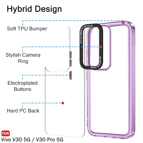 Image of TheGiftKart Hybrid Shockproof Back Cover Case for Vivo V30 / V30 Pro 5G | Stylish Camera Border | Electroplated Buttons | Crystal Clear Hard Back Cover Case (TPU & PC, Purple Bumper)