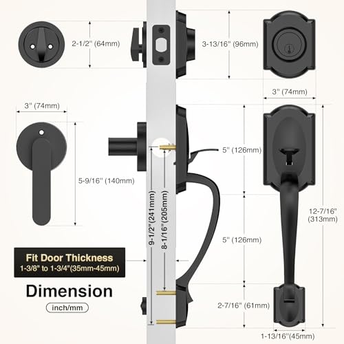 Image of Front Door Lock Set, Black Front Door Handle and Deadbolt Set, Vintage Exterior Door Lock Set, Front Door Handle with Single Cylinder, Reversible for Right & Left, Matte Black