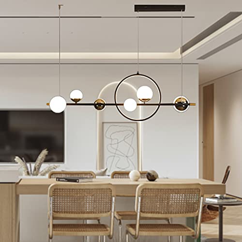 Preisvergleich Produktbild Kronleuchter 66W Modern Hängelampe LED Esszimmer Pendelleuchte Dimmbar mit Fernbedienung Ring Langer Streifen Pendellampe Schwarz Höhenverstellbar Metall Hängeleuchte Acrylkugel-Lampenschirm L112CM