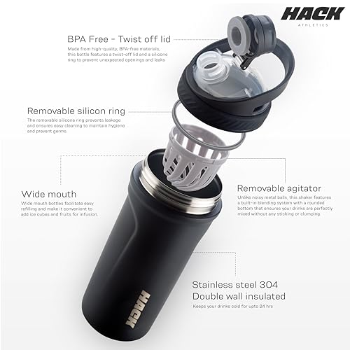 Image of Hack Athletics Premium Stainless Steel Insulated Shaker Bottles for Gym, Protein Shaker, Pre Workout Bottle, Water Bottle for Men and Women, BPA Free Material 100% Leakproof | 709ML (Black)