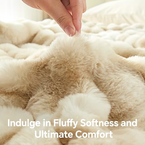 BEDELITE Faux Fur Throw Blanket for Couch, Decorative Tie-Dye Khaki Plush Bubble Blanket - Super Soft & Cozy Fluffy Faux Rabbit Fur Blanket for Women Gift, 50x60 Inches