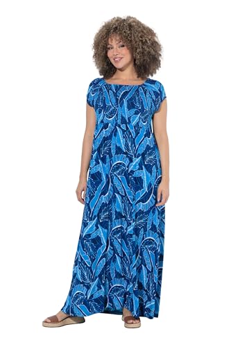Ulla Popken Damen große Größen Übergrößen Plus Size Maxi-Smokkleid Blätter Carré-Ausschnitt Halbarm Enzian 54+ 850159759-54+