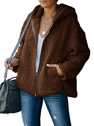 SENSERISE Womens Oversized Sherpa Jacket Fuzzy Fleece Full Zip Up Teddy Coat with Pockets(Brown,L)