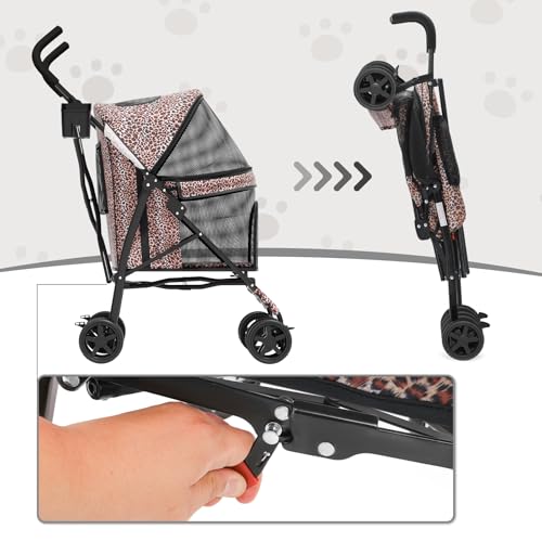 Image of MoNiBloom 4 Wheels Pet Stroller, Easy-Fold Umbrella Shaped Dog Cat Jogger Stroller w /Storage Bag & Visible Mesh for Small /Medium Dogs Cats Leopard Print