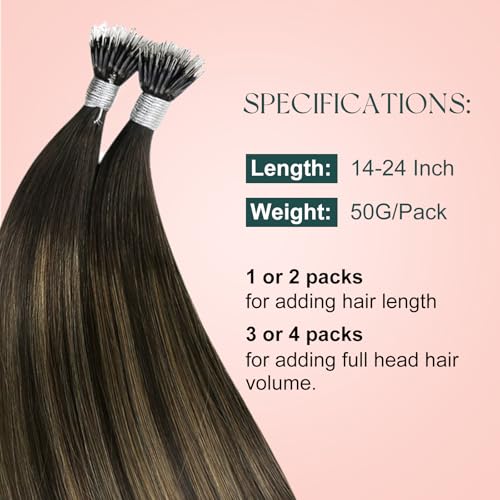 Image of Easyouth Nano Bead Hair Extensions Human Hair Balayage Brown 14 Inch 50G Ombre Dark Brown to Brown Nano Ring Beads Extension for Women Short Straight Hair 50S
