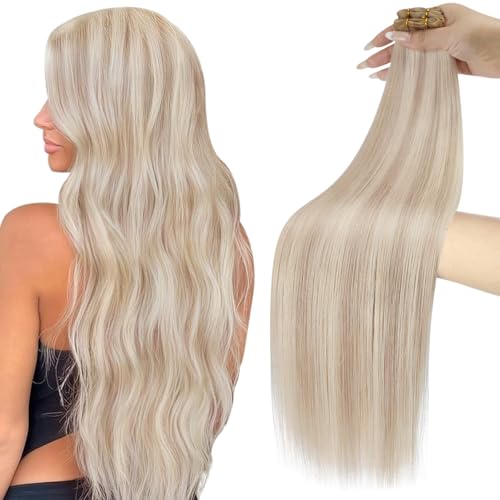 Image of Moresoo Genius Weft Hair Extensions Human Hair, Highlights Ash Blonde | Crafted with Remy human hair, 18 Inch 50g, smooth texture for parties, events and creative hairstyles
