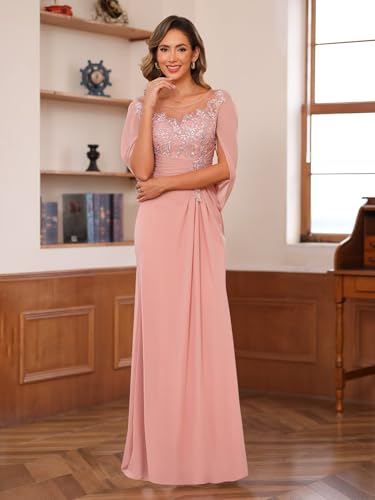 Cape Sleeve Mother of The Bride Dresses for Wedding Long Mermaid Ruched Chiffon Lace Formal Evening Gown DE4023