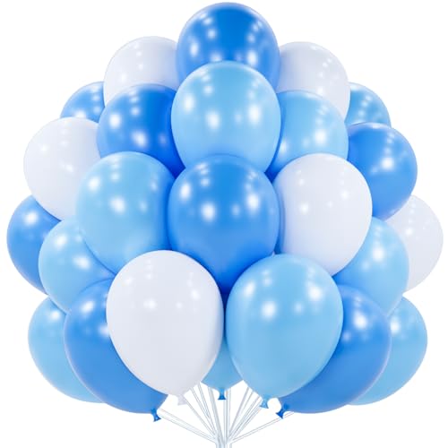 Image of PartyWoo Blue and White Balloons 100pcs 12 Inch Pearl Light Baby Pastel Sky Blue Matte White Balloons for Graduation Baby Shower Birthday Gender Reveal Anniversary Under the Sea Party Decorations