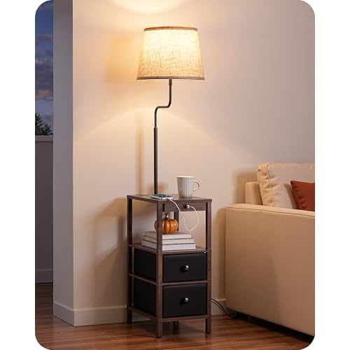 EDISHINE Floor Lamps for Living Room, 3000K-6500K Dimmable Floor Lamp with Table, USB-A+Type-C Charging Port, Table with Lamp Attached for Bedroom, Den, Office, Kids Room, Fire-Burned Wood C