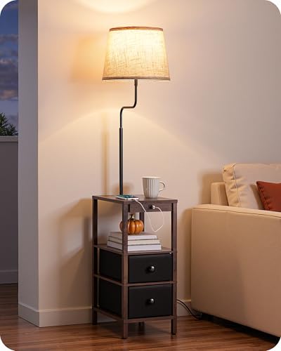Image of EDISHINE Floor Lamp with Table Dimmable USB Type-C Ports, Fire-Burned Wood | 3000K-6500K, 2-in-1 Solution, Linen Lampshade, 2 Drawer, Modern for Living Room, Bedroom, Den, Office