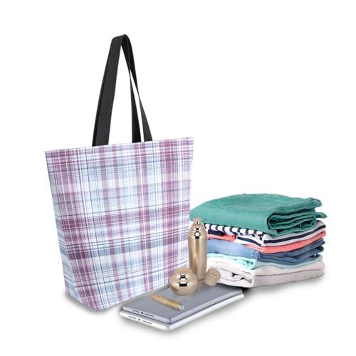 Extra Large Shoulder Tote Bag for Beach Travel Weekender Gym Light Purple Blue Plaid Pattern Reusable Grocery Canvas Shopping Bag3