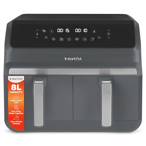 Instant Pot - Vortex Dual Air Fryer - Large 8L Twin Double 4L Basket 8 in 1 - Food Dehydrate Grill Bake Roast Reheat Non-Stick Easy Clean Dishwasher Safe Electric - Truffle Grey