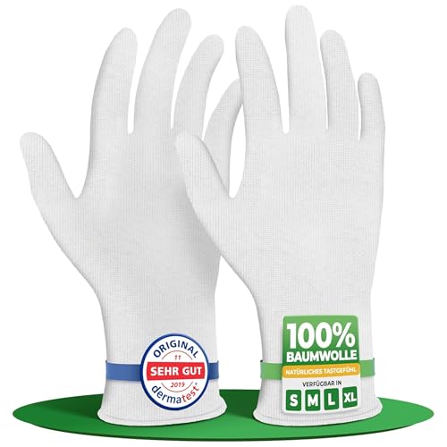 Baumwollhandschuhe aus 100% Baumwolle (Dermatest: Sehr Gut) weiße Handschuhe, weiche Textilhandschuhe für Handmasken, waschbare Stoffhandschuhe mit zertifizierter Hautverträglichkeit