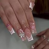 Square Press on Nails Long Fake Nails with Flower and Butterfly Charm Designs White False Nail Tips Long Square Acrylic Nails Full Cover Exquisite Design Artificial Nails for Women Girls 24pcs