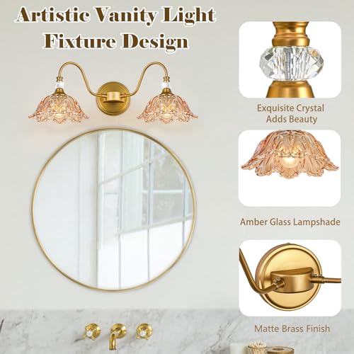 Image of Vintage Bathroom Vanity Light, 2-Light Matte Brass Finish Vanity Light with Floral Amber Glass Shades, Retro Wall Sconce for Bathroom, Dressing Table