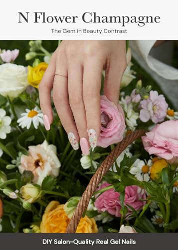 Image of ohora Semi Cured Gel Nail Strips (N Flower Champagne) - Pink, Pattern, Works with Any UV /LED Lamps, Salon-Quality, Long Lasting, Easy to Apply & Remove - Includes 2 Prep Pads, Nail File & Wooden Stick