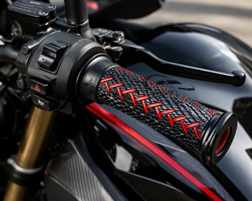 Image of Premium Motorcycle Handlebar Grips with Anti-Slip Rubber Texture & Red Stitching | Universal 22mm Bike Handle Grip | Comfortable, Vibration Resistant & Stylish Design