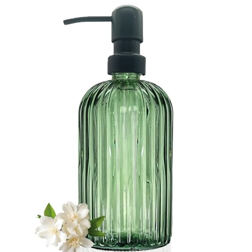 13.5Oz Green Glass Soap Dispenser Bathroom with Black Rust Proof Stainless Steel Pump, Clear Liquid Lotion Bottles Refillable Dish Dispensers with Vertical Stripe, Hand Dish Dispenser for Kitchen
