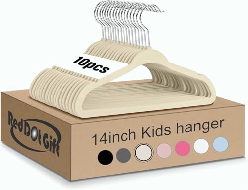 Red Dot Gift 10-Pack Baby Velvet Hangers - Nursery Clothes Hangers Non Slip Toddler Hangers 360 Chrome Swivel Hook (Beige 35 cm)
