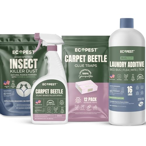 Carpet Beetle Treatment Kit – Natural, Plant-Based Killer Spray and Traps for Carpet Beetles, Eggs & Nymphs | Indoor Killer Spray, Carpet Powder, Glue Traps, and Laundry Additive for Carpet Beetles