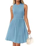 Neues Sommerkleid mit Rundhalsausschnitt, Plissee, ärmellos und hoher Taille - Himmelblau - Einheitsgröße