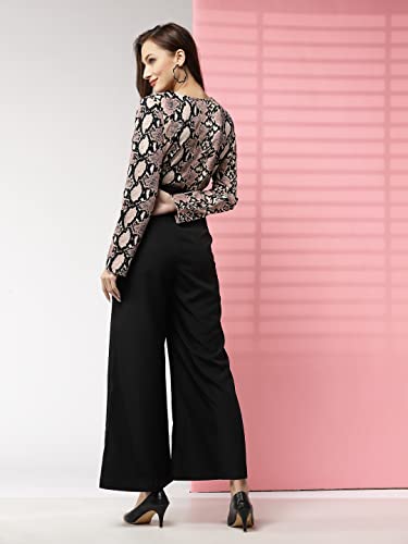 Image of LONDON BELLY Women's Polyester Semi-Formal Jumpsuit with Round Neck Half Sleeves Adjustable Waist Tie Abstract Pattern and Regular Fit | Women Stylish One Piece Outfit | Women Regular Fit Jumpsuit