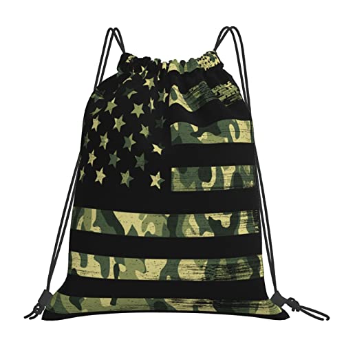 American Flag Green Camo Drawstring Backpack Sport Swim Bag Gym Sack String Bag Dance Bag Sackpack For Women Men