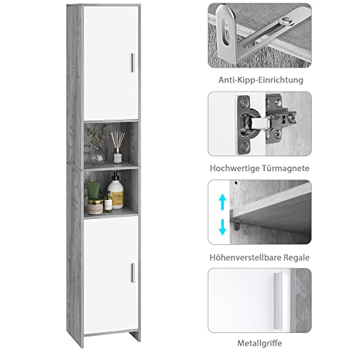 FirFurd Badkamerkast smal, Badkamer Kastje, Hoge Kast met Deuren en 2 Open Planken, Grijs/Wit, 30 x 30 x 180 cm - Afbeelding 5