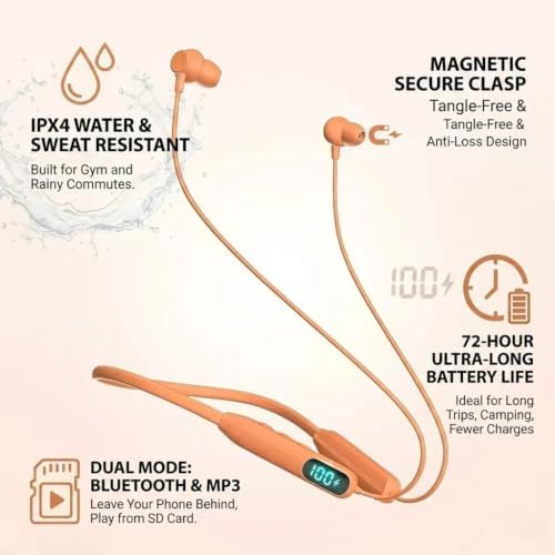 Neckband Bluetooth Earbuds, Wireless Bluetooth 5.4 Headphones with Microphone, Ultra-Lightweight Comfort, IPX6 Waterproof, Deep Bass Strong Beat, 80H Playtime, Magnetic Earphones (Orange) — view 8