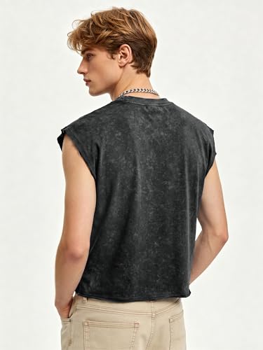 PLEPAN Men's Cropped Muscle Sleeveless Cotton Tank Tops Washed Crewneck T Shirts Dolman Sleeve Tee Black Large — view 4