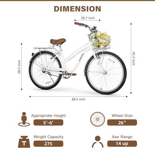 image for WEIZE Beach Cruiser Bike, 26 inch Commuter Bicycle for Adult Men and W