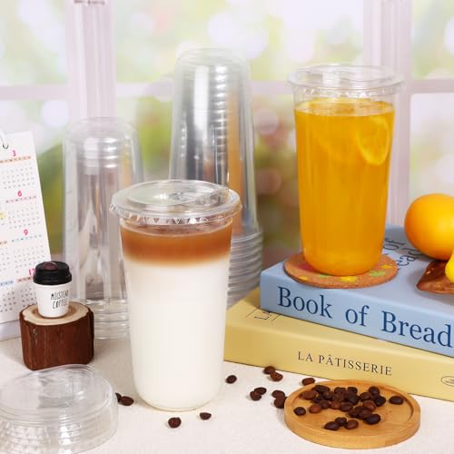 50 Sets Disposable Stemless Glasses With Strawless Sip Lids,PET Drinking Cups,Clear Plastic Coffee Cups for Iced Coffee, Smoothie, Cold Beverage, Drink Shop and Christmas Party Supply (Clear, 24 oz)