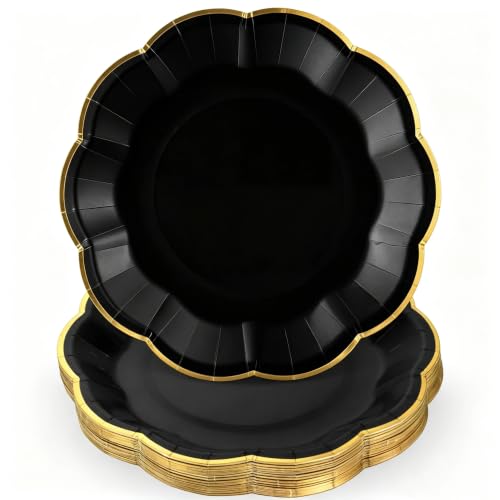 Image of 30 Pcs Black Plates with Gold Trim 9 Inch Scalloped Black and Gold Plates