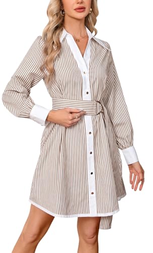 Image of YEXPINE Womens Striped Shirt Dress Long Sleeve Button Down V Neck Mini Tunic Dress Belted Workwear Dresses with Pockets
