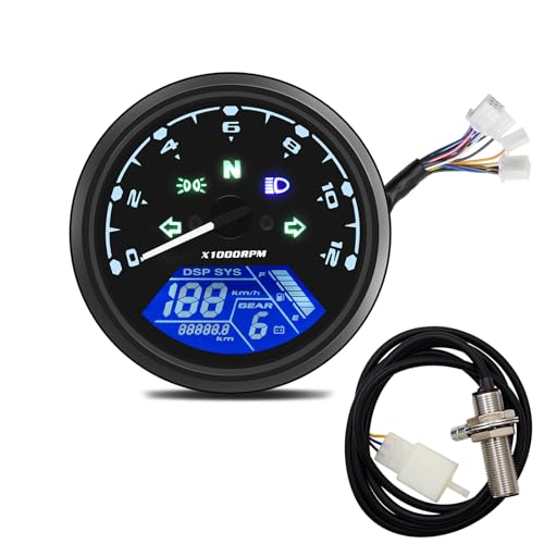 Geloo Compteur Moto a Cable,Compteur de vitesse numérique pour moto - 12000 tr/min - 199 km/h - Universel pour 1,2,4 cylindres avec indicateur lumineux multifonction 12...